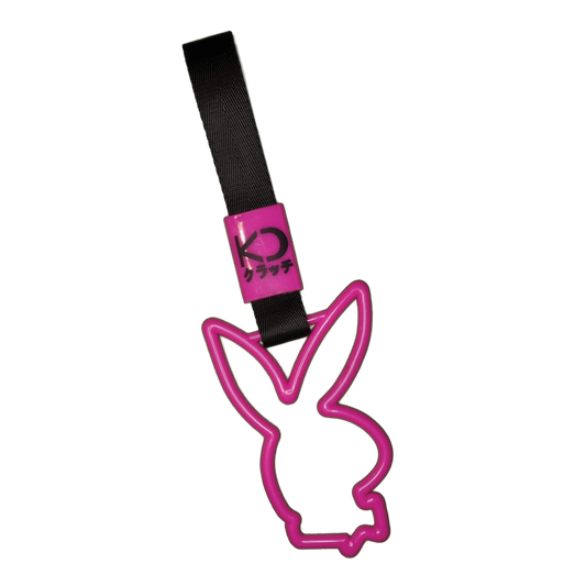Pink bunny drift charm or drift ring. Inspired by bus, train, and subway handles (or Tsurikawas) that were rebelliously repurposed for automotive decoration.