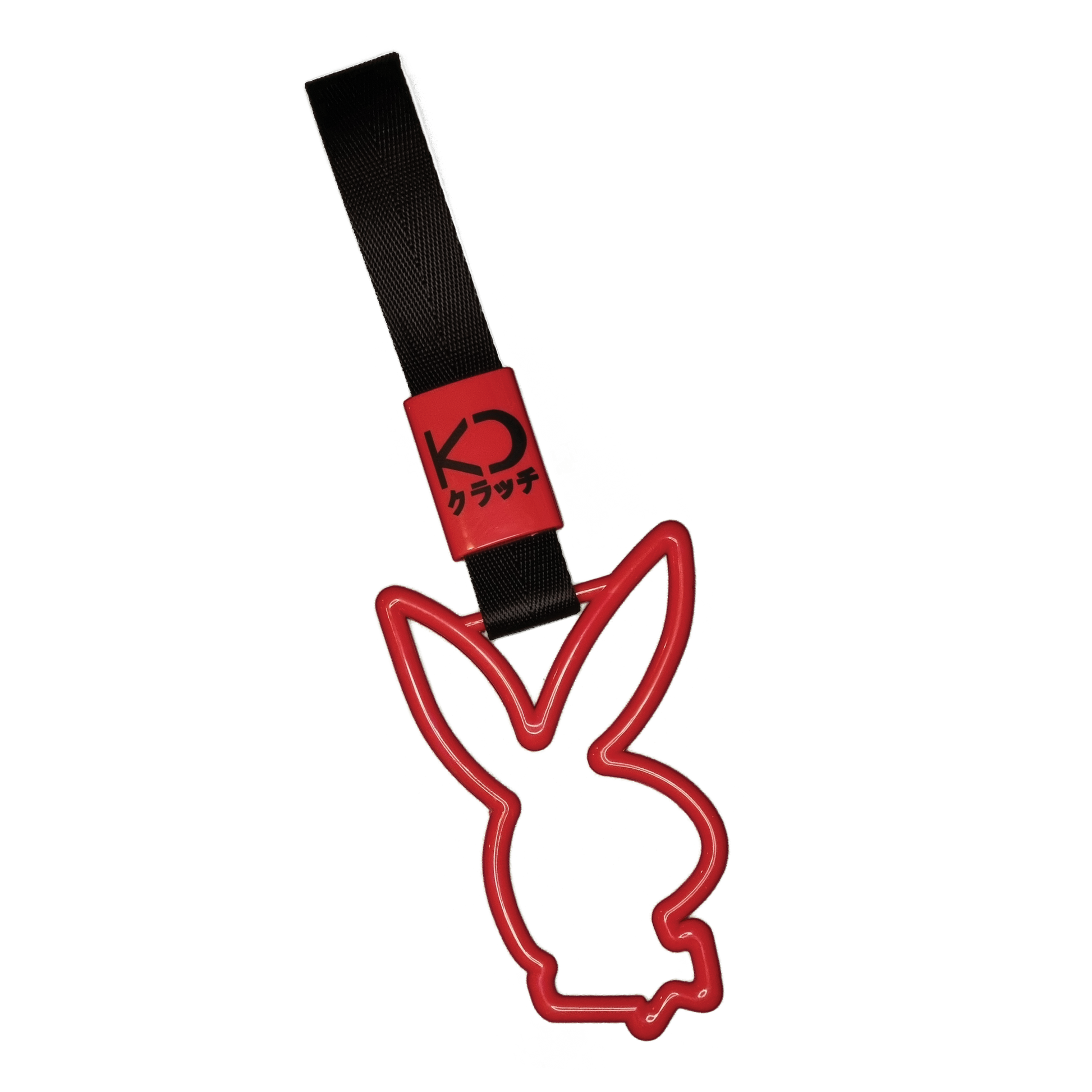 Red bunny drift charm or drift ring. Inspired by bus, train, and subway handles (or Tsurikawas) that were rebelliously repurposed for automotive decoration.