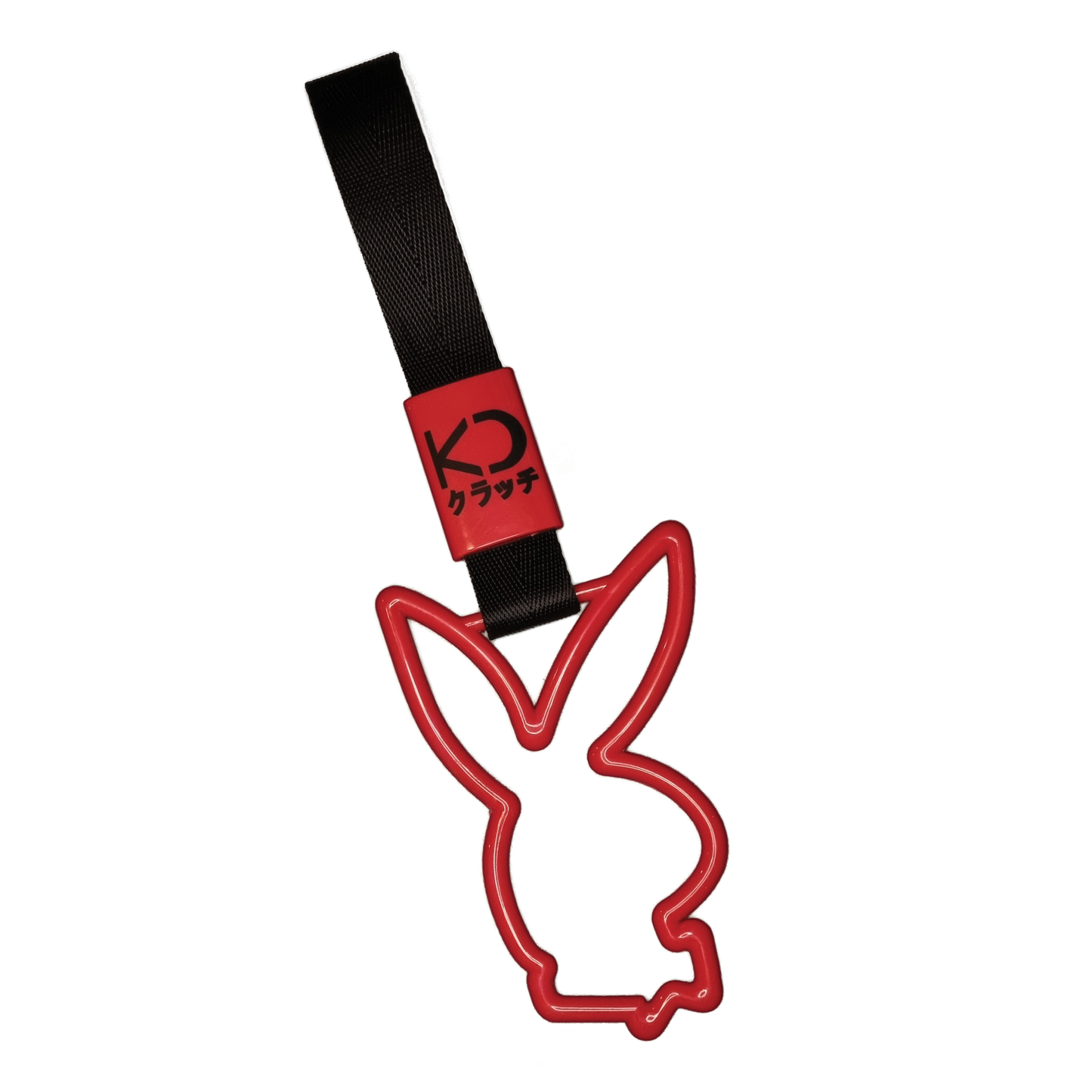 Red bunny drift charm or drift ring. Inspired by bus, train, and subway handles (or Tsurikawas) that were rebelliously repurposed for automotive decoration.