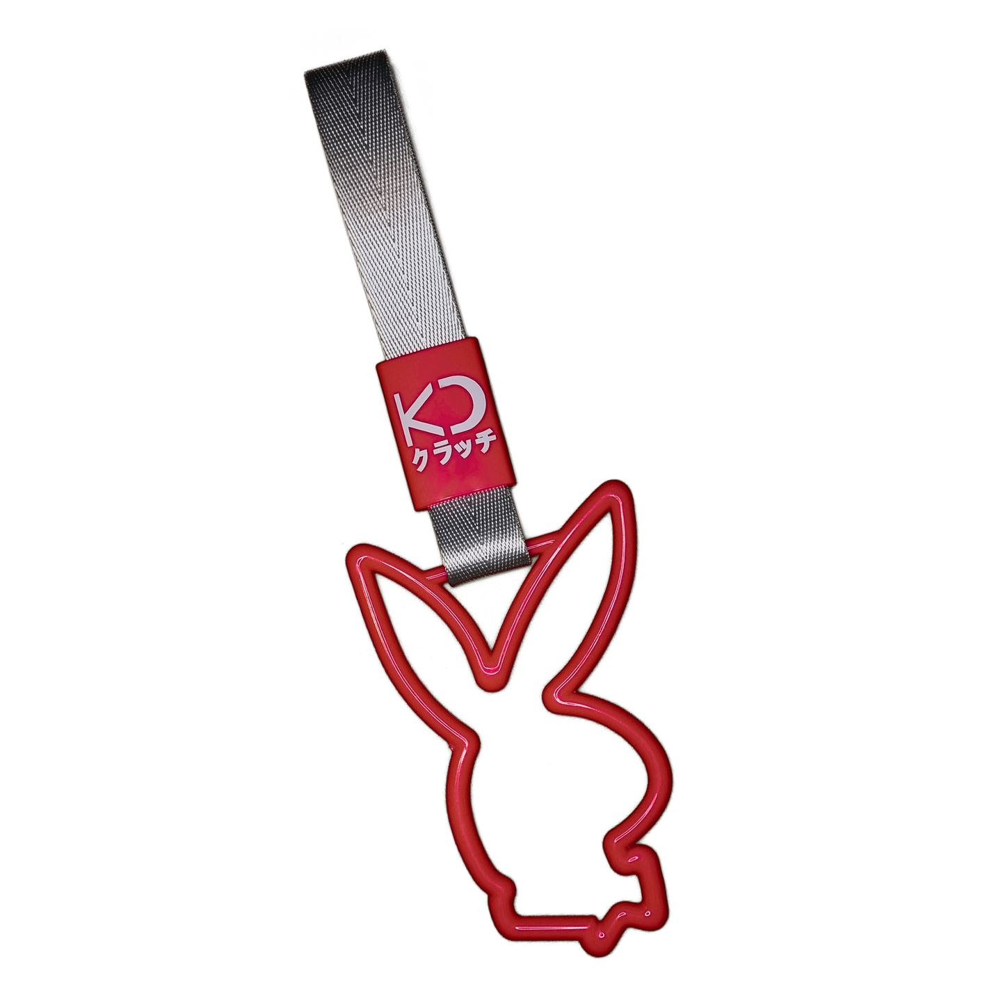 Red bunny drift charm or drift ring. Inspired by bus, train, and subway handles (or Tsurikawas) that were rebelliously repurposed for automotive decoration.