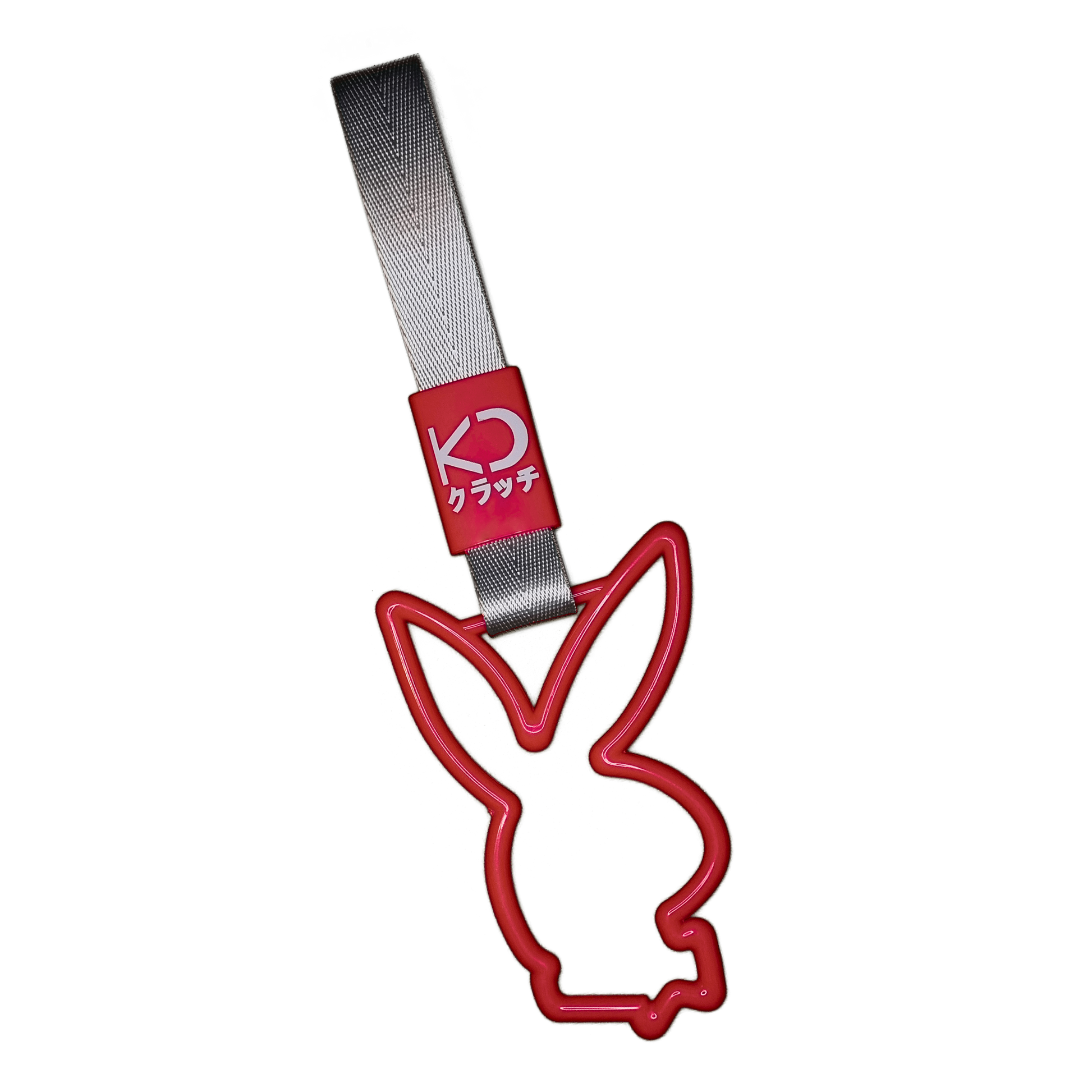 Red bunny drift charm or drift ring. Inspired by bus, train, and subway handles (or Tsurikawas) that were rebelliously repurposed for automotive decoration.